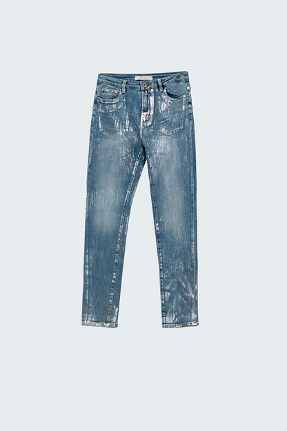 Super Skinny Denim Jeans With Metallic Effect - Denim