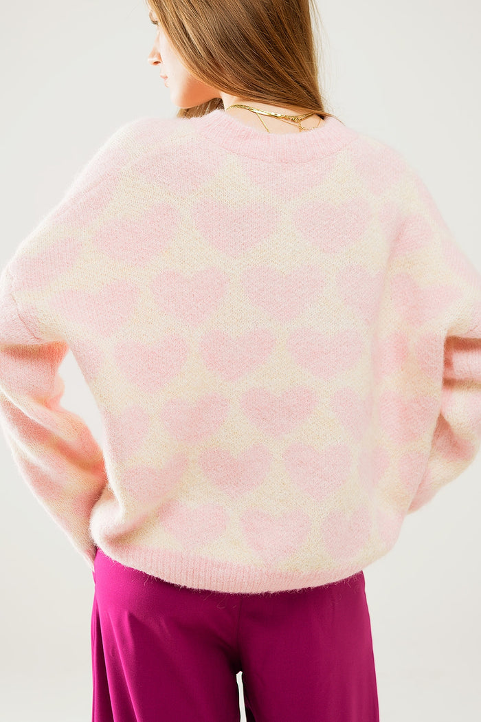 Super Soft Oversized Cream Sweater With Pink Hearts All Over