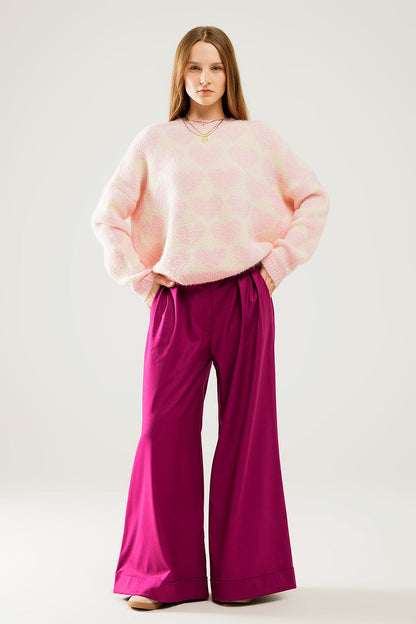 Super Soft Oversized Cream Sweater With Pink Hearts All Over