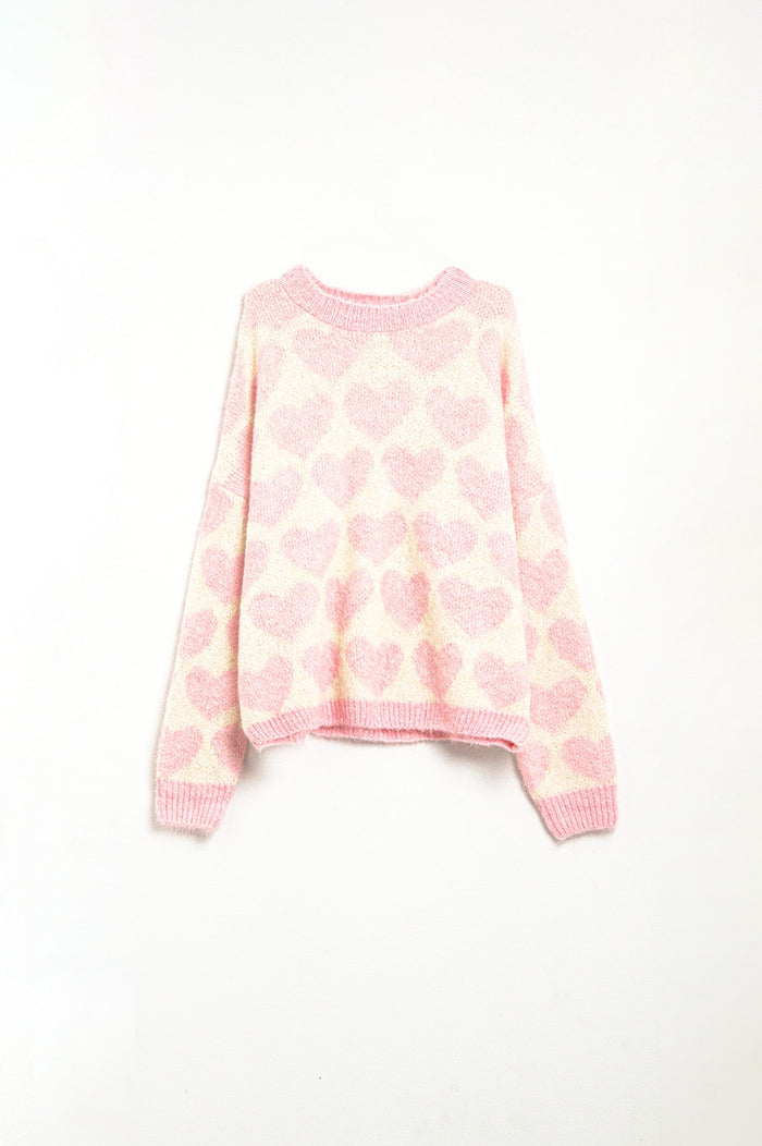 Super Soft Oversized Cream Sweater With Pink Hearts All Over