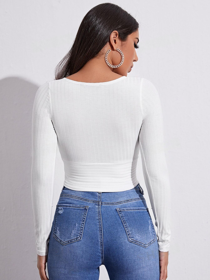 SURPLICE NECK RIB-KNIT CROP TEE