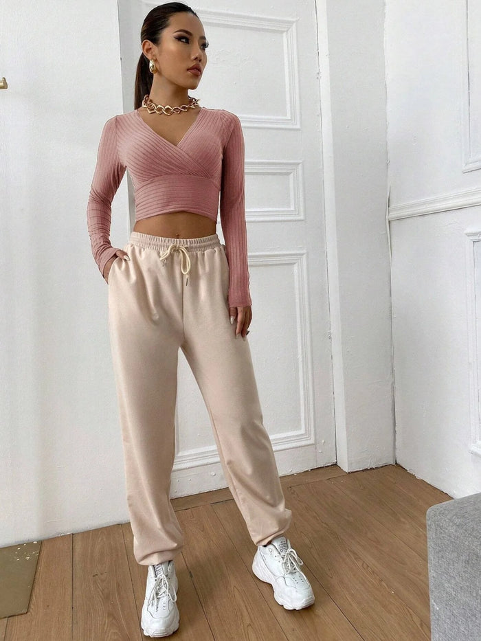 SURPLICE NECK RIB-KNIT CROP TEE