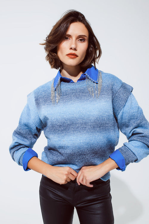 Sweater in ombre design blue with round neck and sleeve details