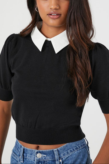Sweater-Knit Collar Crop Top