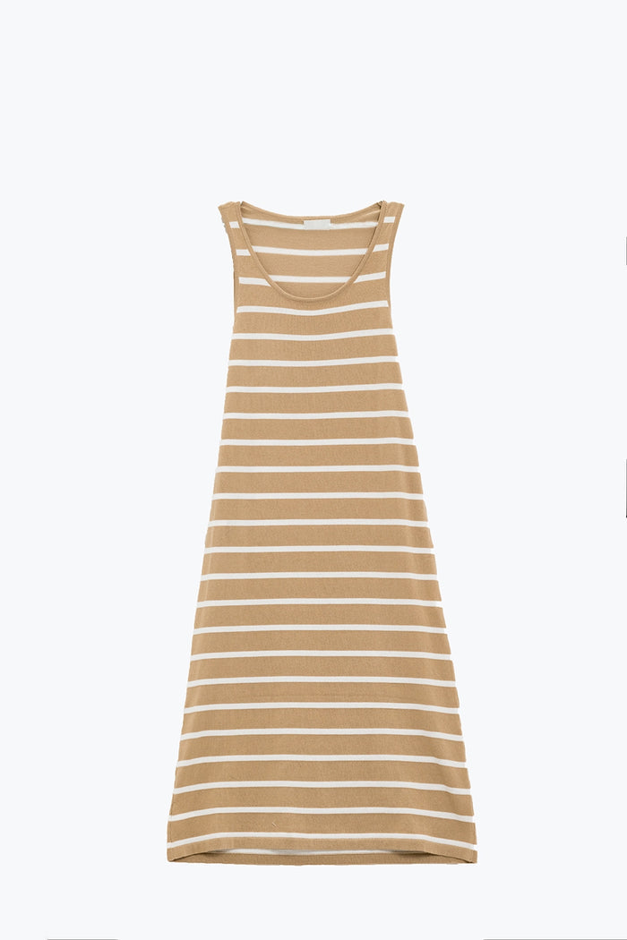 Tank maxi Dress With Scoop Neck In beige With White Stripes - dress
