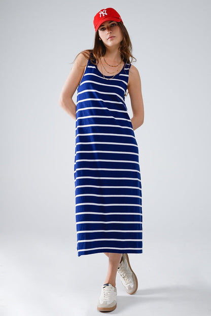 Tank maxi Dress With Scoop Neck In Navy With White Stripes - dress