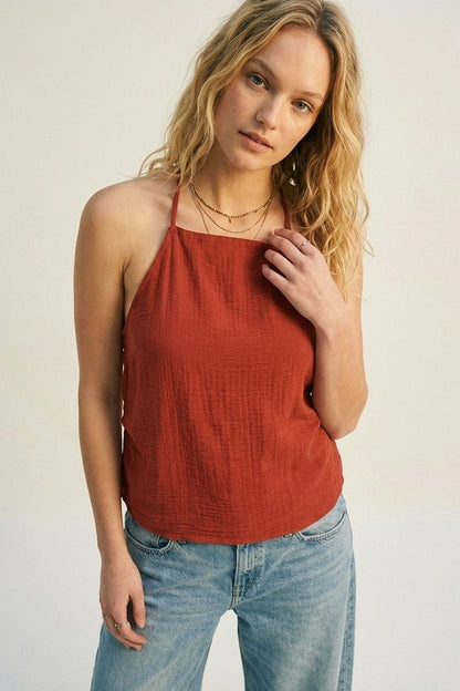 terracotta Textured Sleeveless Halter Neck Top
