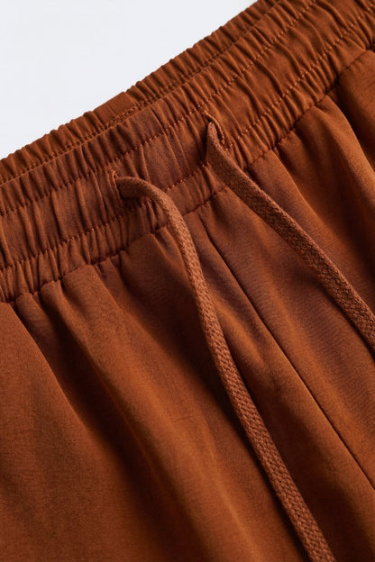 terracotta Wide-Leg Drawstring Waist Casual Pants - trousers