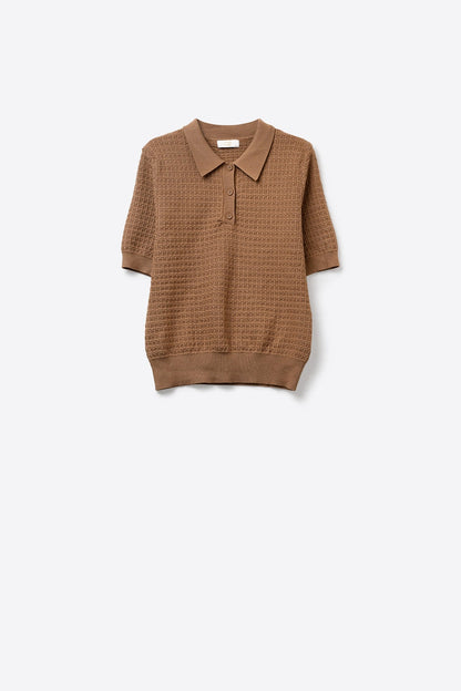 Textured Knit Polo Sweater with Short Sleeves in Camel