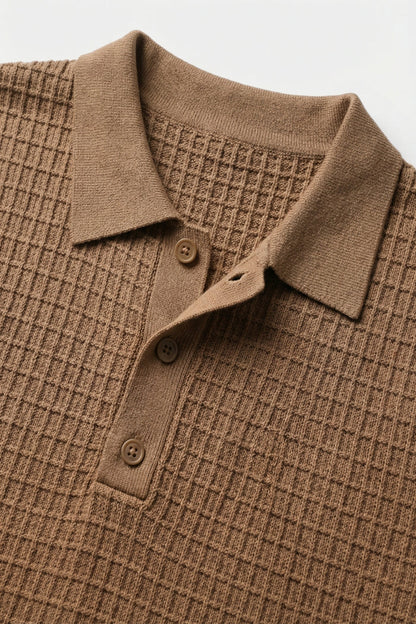 Textured Knit Polo Sweater with Short Sleeves in Camel