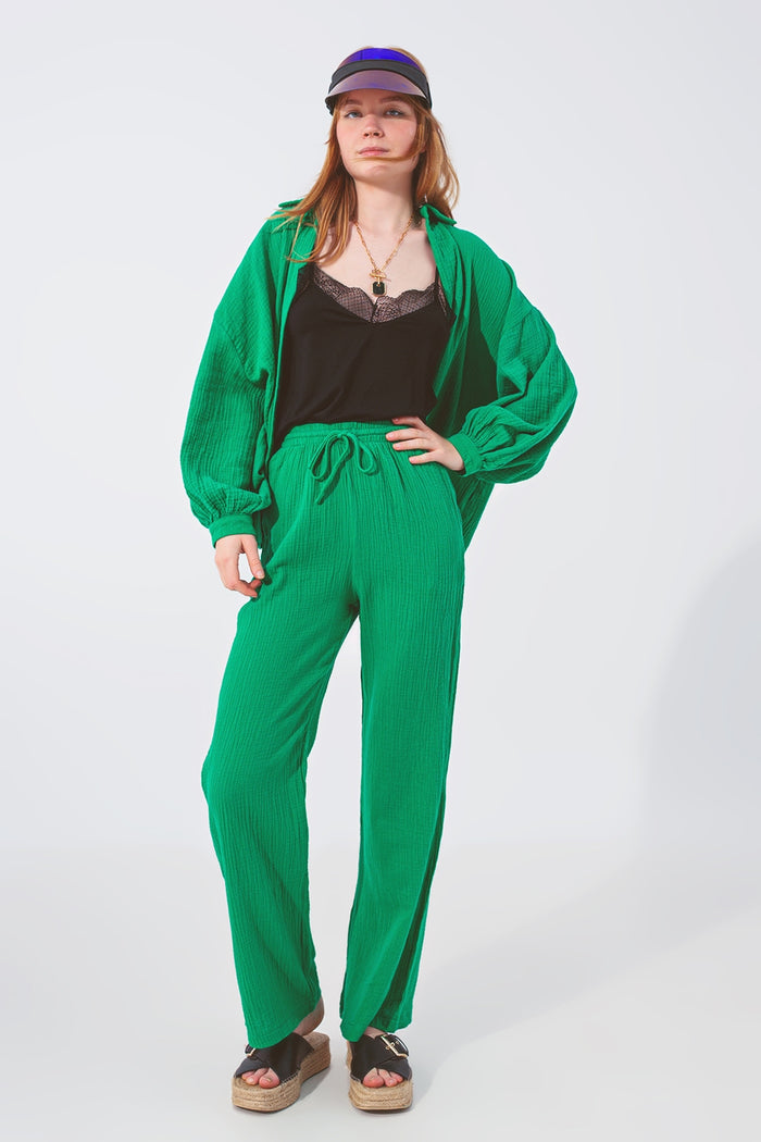 Textured Loose Fit Pants in Green - trousers