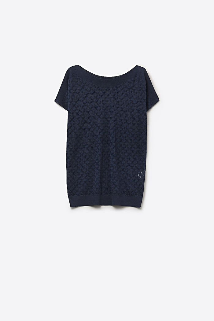 Textured pattern Knit Short Sleeve Sweater in navy