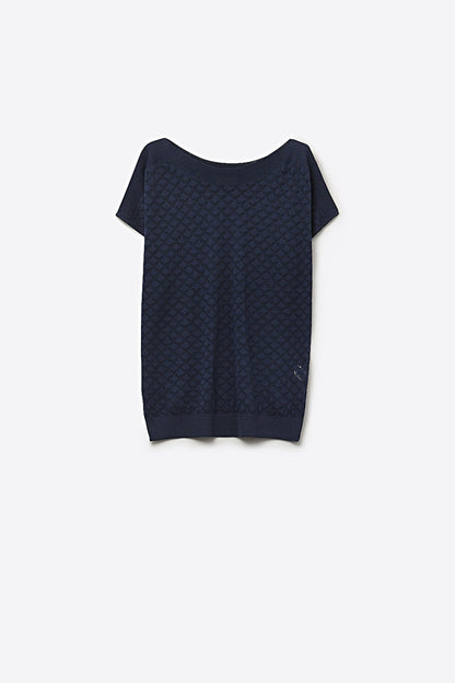 Textured pattern Knit Short Sleeve Sweater in navy