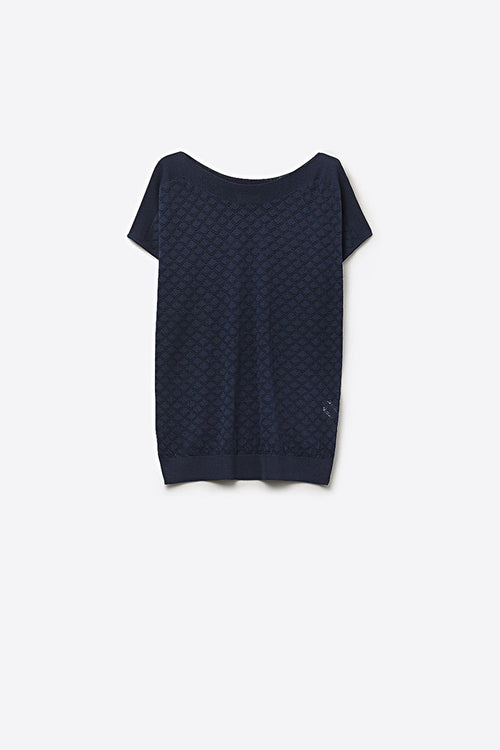 Textured pattern Knit Short Sleeve Sweater in navy