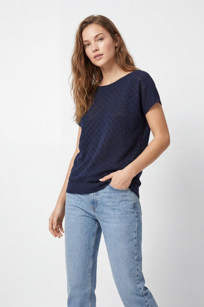 Textured pattern Knit Short Sleeve Sweater in navy