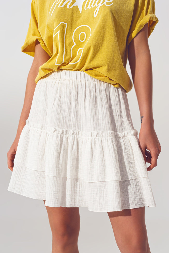 Textured Ruffle Mini Skirt in White