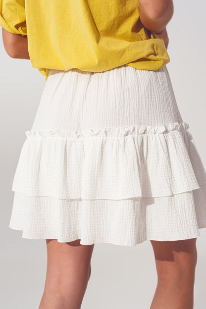 Textured Ruffle Mini Skirt in White