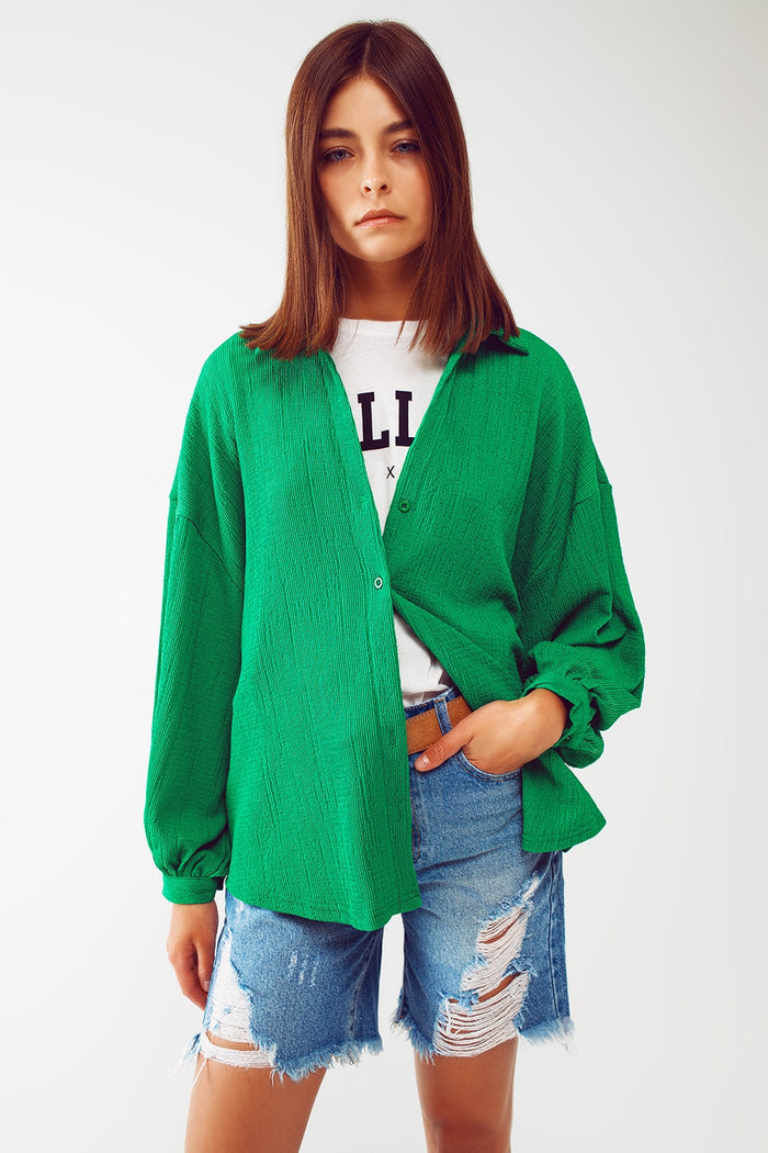 Textured Shirt With Balloon Sleeves in Green - Shirts