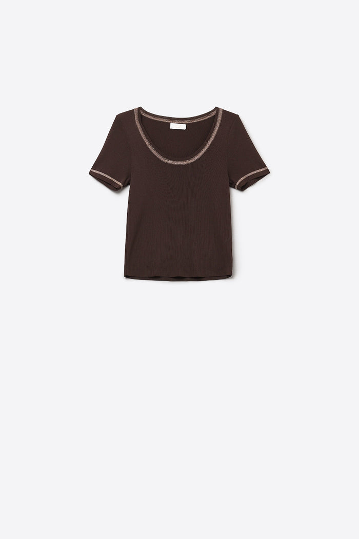 thin knitted sweater In brown With Silver Seam at Round Neck