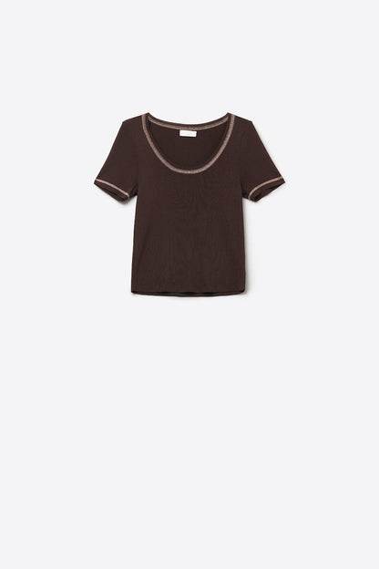 thin knitted sweater In brown With Silver Seam at Round Neck