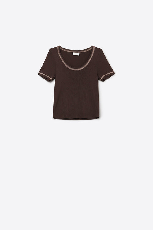thin knitted sweater In brown With Silver Seam at Round Neck