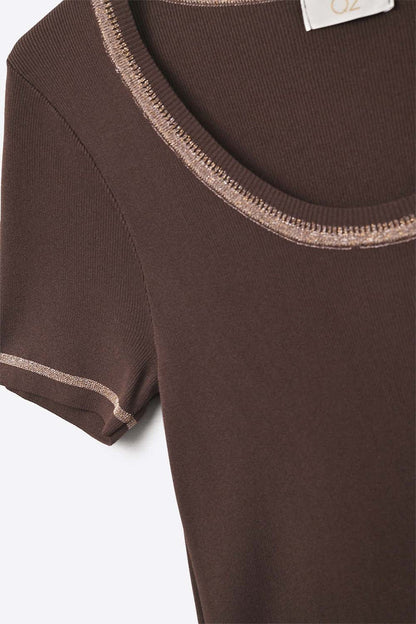 thin knitted sweater In brown With Silver Seam at Round Neck
