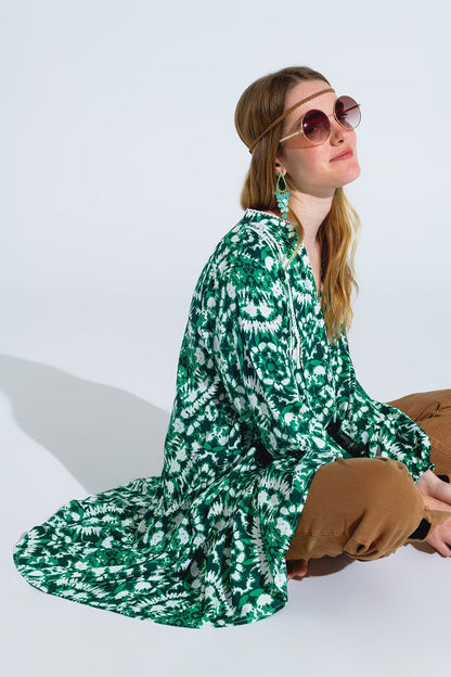 Tie Dye Print Short Dress With Long Sleeves And Lace Trim in Green - dress