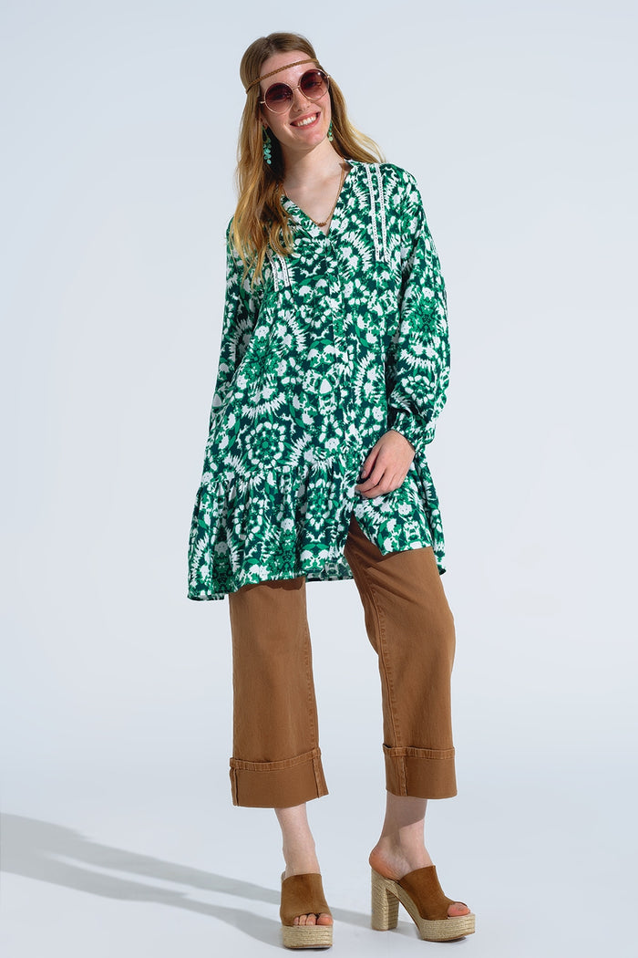 Tie Dye Print Short Dress With Long Sleeves And Lace Trim in Green - dress