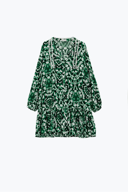 Tie Dye Print Short Dress With Long Sleeves And Lace Trim in Green - dress
