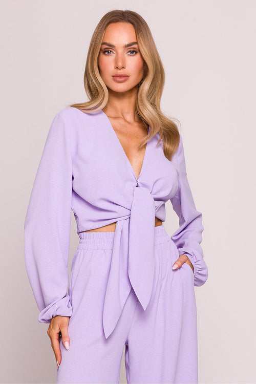 Tie Front Blouse with Long Puffed Sleeves violet - Blouses
