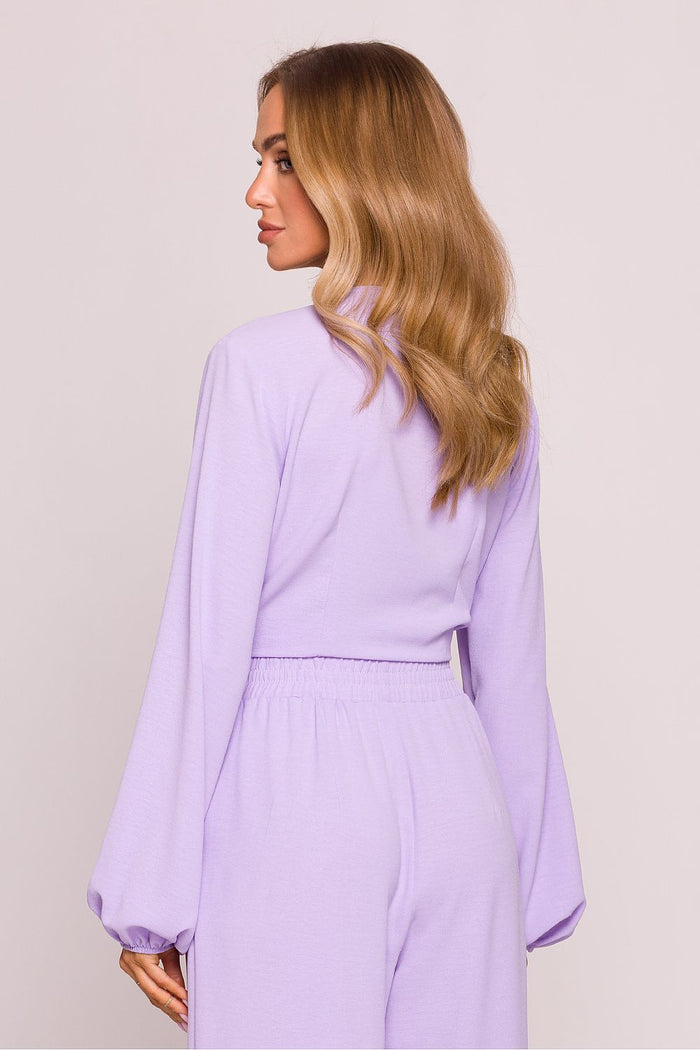 Tie Front Blouse with Long Puffed Sleeves - Blouses