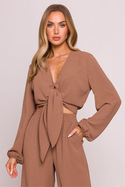 Tie Front Blouse with Long Puffed Sleeves brown - Blouses