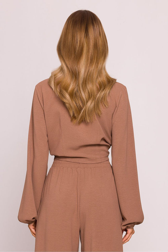 Tie Front Blouse with Long Puffed Sleeves - Blouses