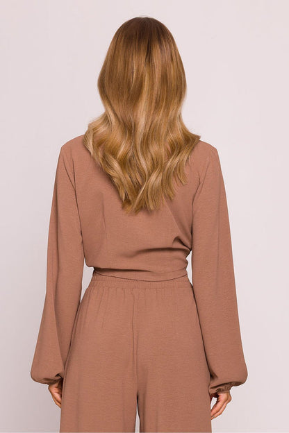 Tie Front Blouse with Long Puffed Sleeves - Blouses