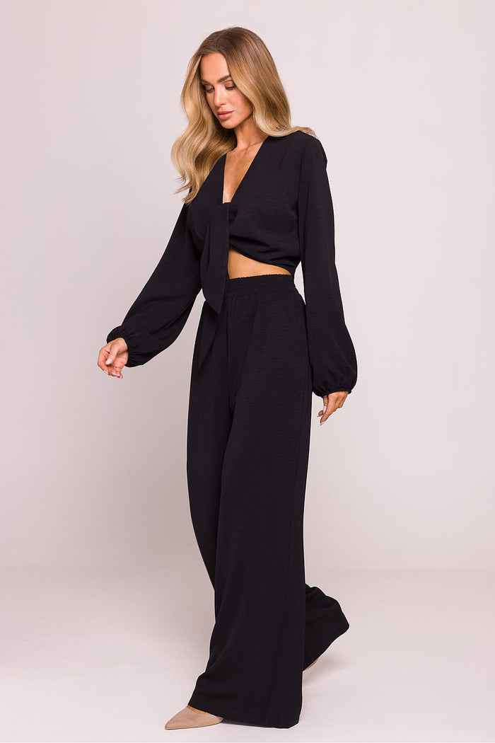 Tie Front Blouse with Long Puffed Sleeves - Blouses