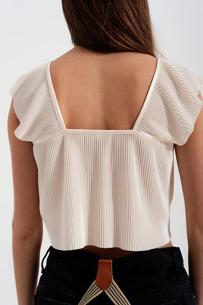 Tie front shirred detail volume sleeve crop top in cream - Shirts, top