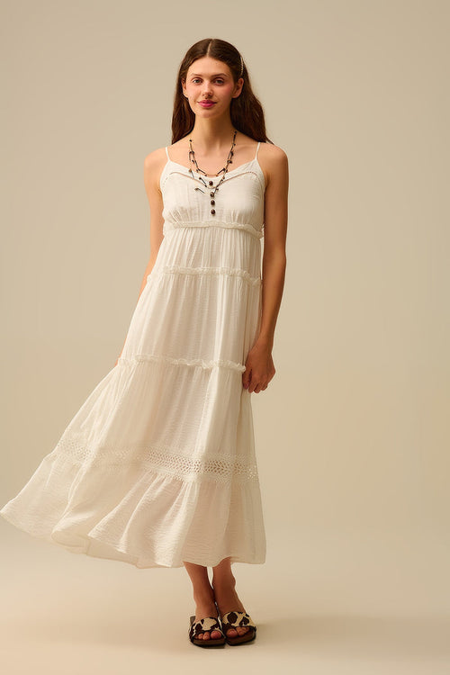 Tiered Maxi Dress with Lace Inserts in White - dress