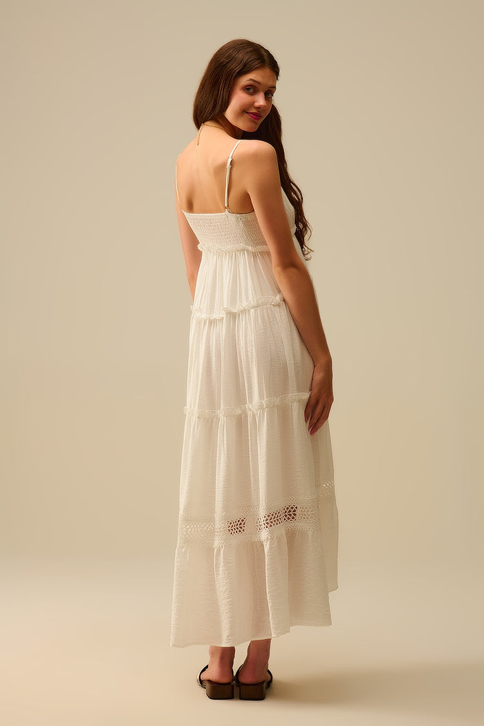 Tiered Maxi Dress with Lace Inserts in White - dress