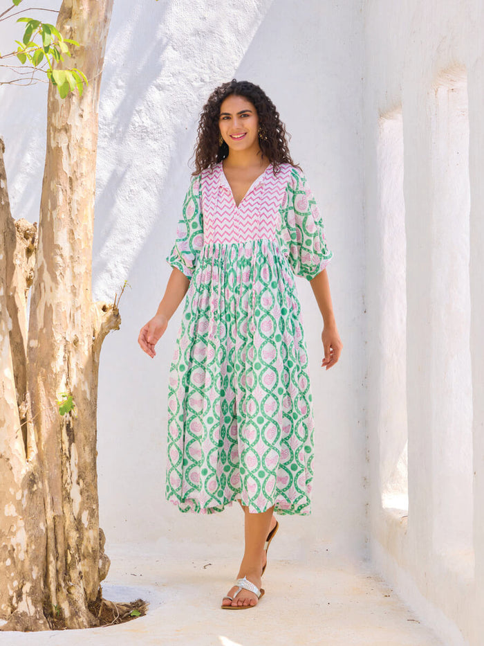 green and pink maxi dress for women - Pinklay