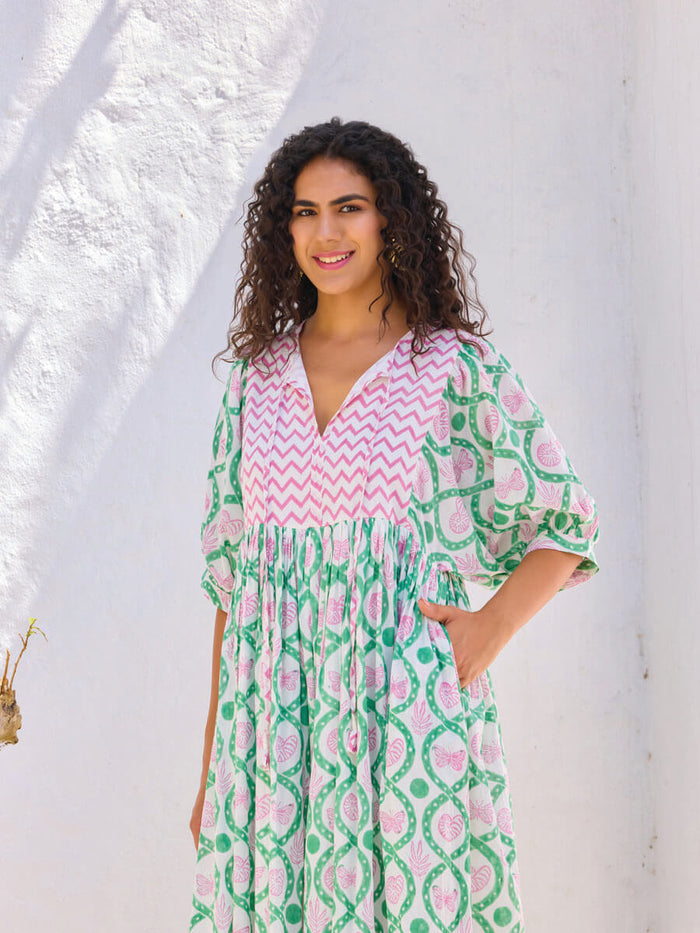 green and pink maxi dress for women - Pinklay