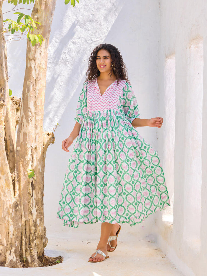 green and pink maxi dress for women - Pinklay