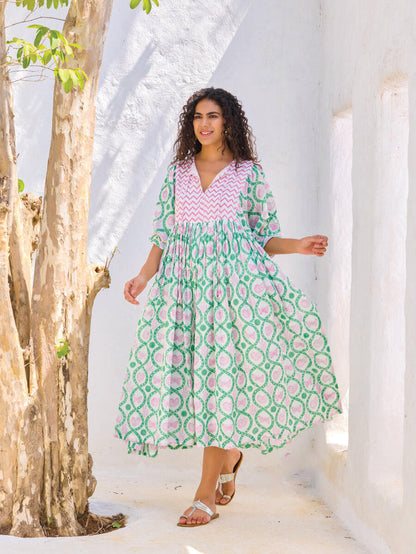 green and pink maxi dress for women - Pinklay