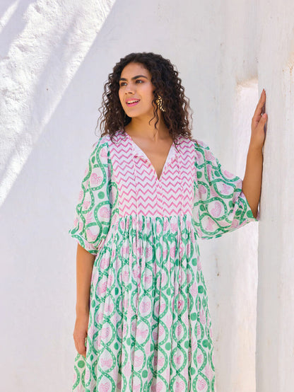 green and pink maxi dress for women - Pinklay