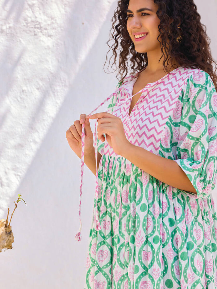green and pink maxi dress for women - Pinklay