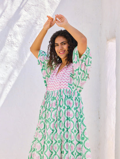green and pink maxi dress for women - Pinklay