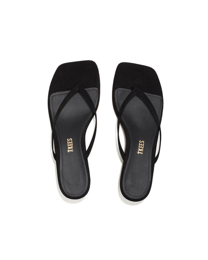 Top-down view of both black suede TKEES Square Toe Julia sandals.