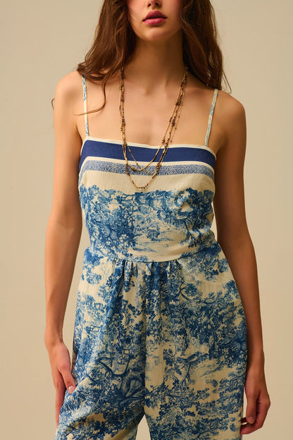 Toile de Jouy Print Jumpsuit with Thin Straps