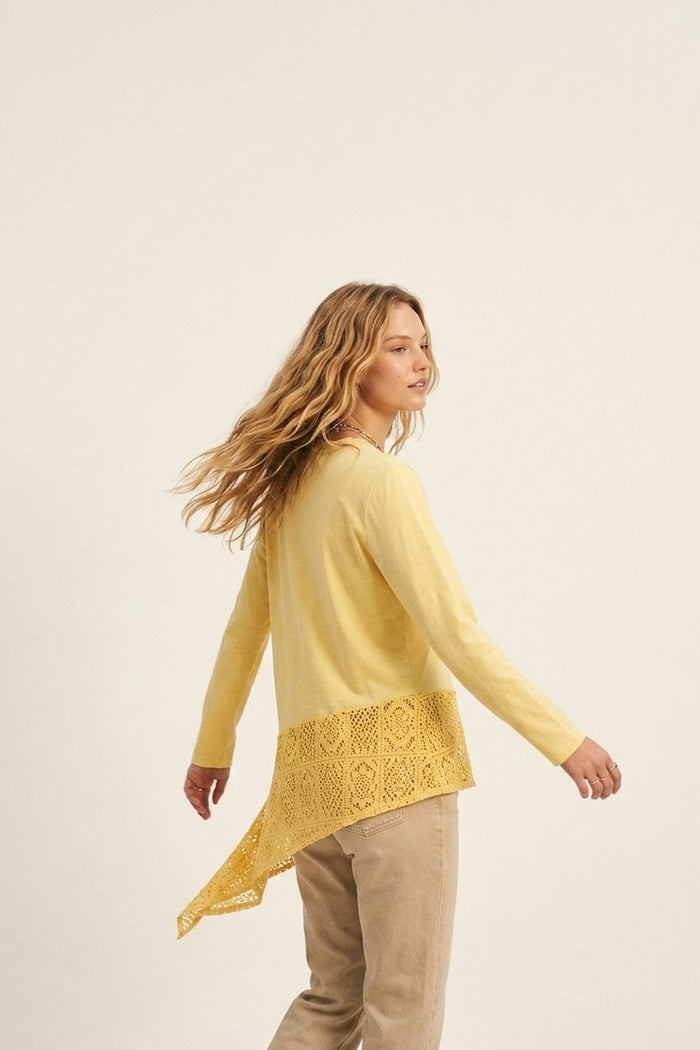 top with crochet Insert and Asymmetrical Hem in Yellow - top