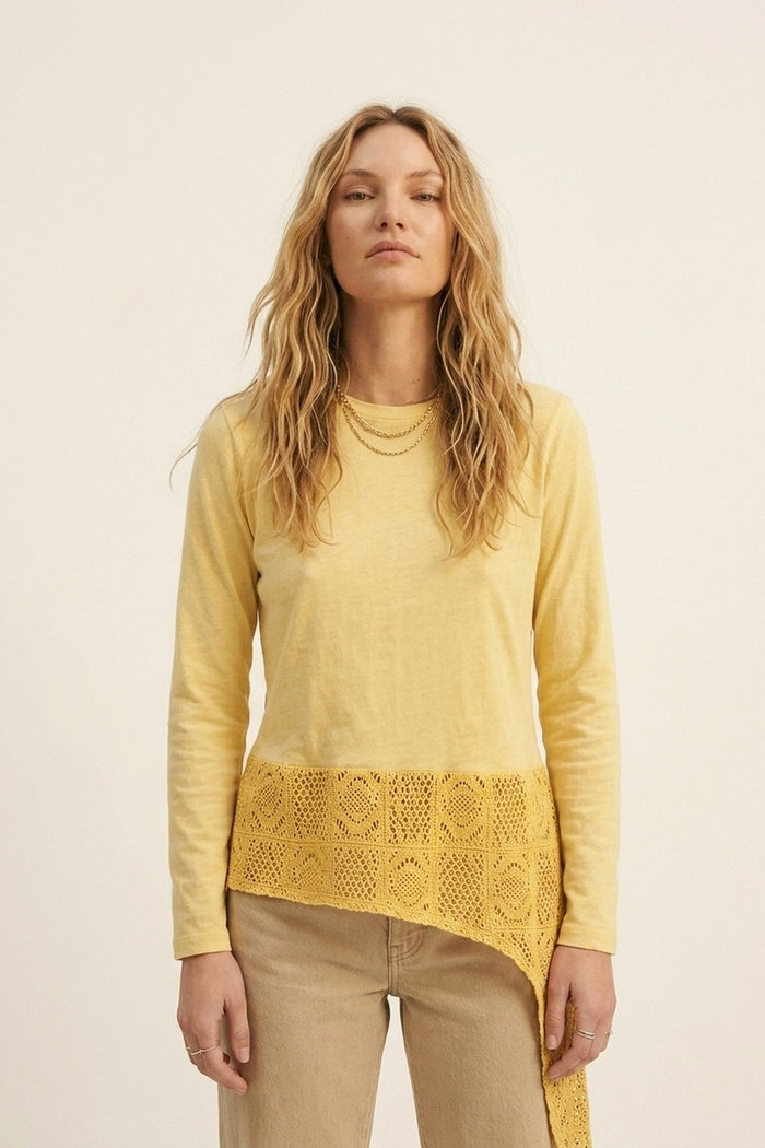 top with crochet Insert and Asymmetrical Hem in Yellow - top