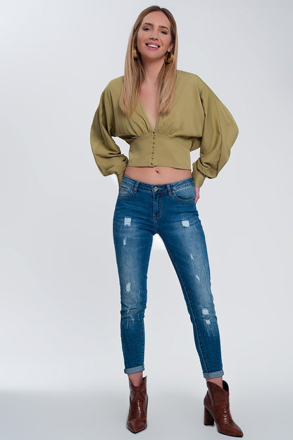 Top with puff sleeves in green - Shirts, top